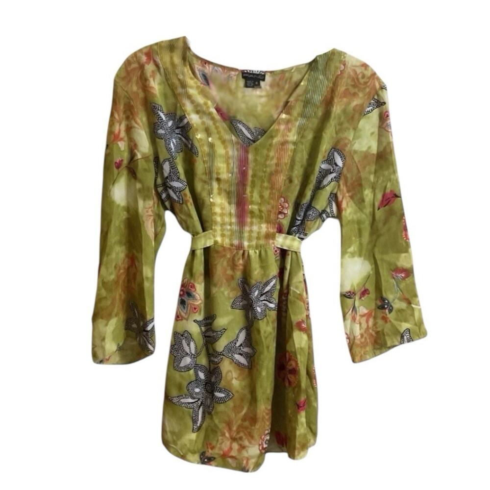 Piano Brand Top Womens Size S Multicolor Blouse Artsy Floral Tie SemiSheer Boho